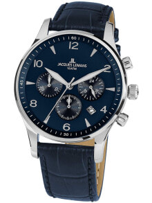 Мужские наручные часы с синим кожаным ремешком Jacques Lemans 1-1654.2ZC London Chronograph 40mm 10ATM