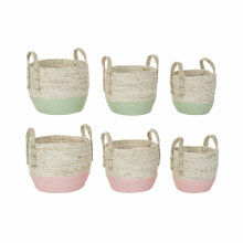 Basket set DKD Home Decor Natural Pink Green Natural Fibre 30 x 30 x 32 cm Boho (2 Units)