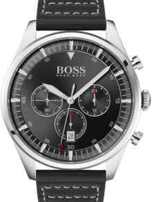 Мужские наручные часы с черным кожаным ремешком Hugo Boss 1513708 Pioneer Chronograph Mens 44mm 5ATM