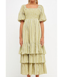 English Factory women's Gingham Striped Multi Tiered Maxi