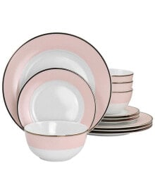 Martha Stewart Gold Rimmed 12Pc Fine Ceramic Dinnerware Set Pink