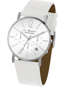 Женские наручные кварцевые часы Jacques Lemans  хронограф,  на белом циферблате удачно сочетаются хорошо читаемые риски и крупная арабская цифра 12.  Дополнительные индикаторы и окошко даты демонстрируют функциональность и продуманный дизайн. Тонкий 40-ми