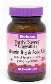 Витамины группы В Bluebonnet Nutrition EarthSweet Chewables Vitamin B12 & Folic Acid Витамин В 12 + Фолиевая кислота 180 жевательных таблеток с малиновым вкусом