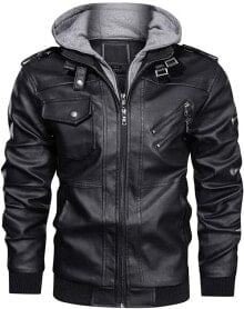 Мотокуртки Мужская куртка из синтетической кожи KEFITEVD, байкерская куртка со съемным капюшоном, переходная куртка, винтажный бомбер, стильная мужская куртка, осенне-зимняя куртка для отдыха
