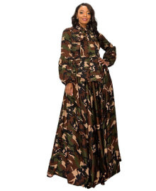 L I V D plus Size Camo Bella Donna Dress with Ribbon and Puffed Out Sleeves