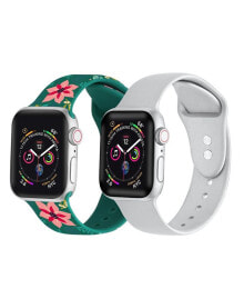Posh Tech men's and Women's Green Floral Silver-Tone Metallic 2 Piece Silicone Band for Apple Watch 42mm