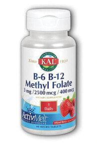 Витамины группы В KAL B-6 B-12 Methyl Folate ActivMelt Mixed Berry --Витамины В6 В12 Метилфолат с ягодным вкусом - 60 Микро Таблеток