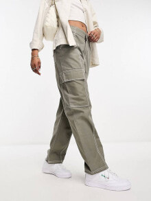 Женские брюки aSOS DESIGN seam detail cargo trouser in khaki with contrast stitch