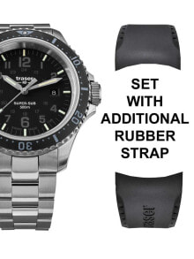 Мужские наручные часы с серебряным браслетом и запасным черным кожаным ремешком Traser H3 109376 P67 T25 SuperSub set black 46 mm diver 50ATM