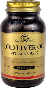Рыбий жир и Омега 3, 6, 9 Solgar Cod Liver Oil  Масло печени трески с витаминами А и D 100 гелевых капсул