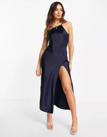 ASOS DESIGN one shoulder midaxi dress in satin with drape back in navy купить онлайн