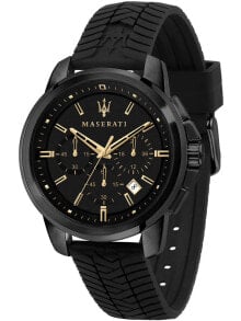 Мужские наручные часы с силиконовым черным ремешком Maserati R8871621011 Successo chronograph 44mm 5ATM