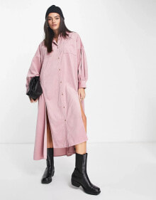 ASOS DESIGN – Oversize-Maxi-Hemdkleid aus Cord in Rosa mit Schlitzen