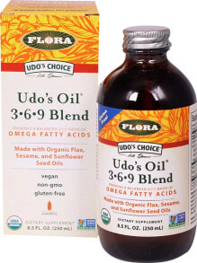Рыбий жир и Омега 3, 6, 9 flora Udo's Choice Udo's Oil 3 6 9 Blend Omega Fatty Acids   Смесь омега жирных кислот из льняного, кунжутного и подсолнечного масел 250 мл