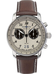 Мужские наручные часы с коричневым кожаным ремешком Zeppelin 8684-5 Graf Zeppelin LZ127 big-date chrono 41mm 5ATM