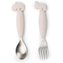 DONE BY DEER Easy-Grip Spoon And Fork Set Deer Friends Sand