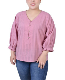 NY Collection plus Size 3/4 Sleeve Button Placket Jacquard Blouse