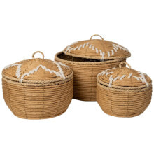 Set of decorative boxes Romimex Natural Natural Fibre With lid 3 Pieces