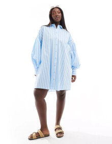 ASOS DESIGN Curve boyfriend shirt mini dress with blouson sleeve in light blue & white stripe купить в аутлете