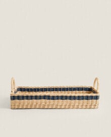 Rattan tray with coloured stripe