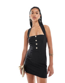 Kaiia halterneck pearl button mini dress in black купить в интернет-магазине