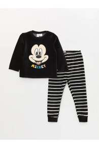 LCW baby Bisiklet Yaka Uzun Kollu Mickey Mouse Nakışlı Kadife Erkek Bebek Pijama Takımı