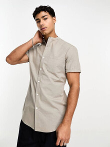 ASOS DESIGN slim fit oxford shirt with grandad collar in khaki купить в интернет-магазине