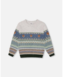 Big Boys Jacquard Sweater With Fox Beige, Blue And Green купить онлайн