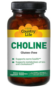 Жиросжигатели Country Life Choline Холин для метаболизма жиров и холестерина 100 таблеток