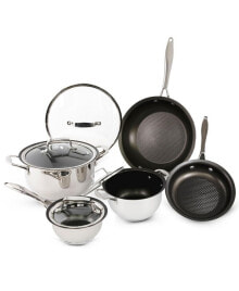 9-Piece Stainless Steel Cookware Set Scratch-Resistant Non-Stick Coating Includes Pots, Pans and Skillets Clear Lids and Cool Touch Handles, Extra-Wide Rims for Easy Pouring