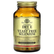 Витамин Е Солгар, Сухой витамин E с селеном без дрожжей, 100 вегетарианских капсул