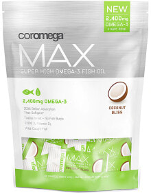 Рыбий жир и Омега 3, 6, 9 coromega MAX High Concentrate Omega-3 Fish Oil Coconut Bliss Омега-3 жирных кислот, включая DHA+EPA, для здоровья сердца, тела и разума 60 пакетиков
