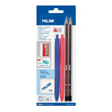 MILAN Blister 2 P1 Pens Blue And Red+2 Graphite Pencils Hb And H+Eraser 430+Sharpener