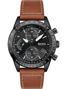 Мужские наручные часы с коричневым кожаным ремешком Hugo Boss 1513851 Pilot Edition chronograph 44mm 5ATM