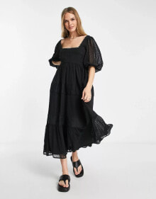 ASOS DESIGN – Besticktes Midi-Hängerkleid in Schwarz mit eckigem Ausschnitt und Rückenschnürung купить в аутлете