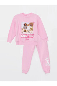 LCW Kids Bisiklet Yaka Barbie Baskılı Uzun Kollu Kız Çocuk Sweatshirt ve Eşofman Altı