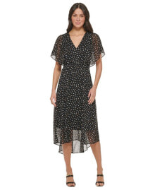 DKNY women's Printed Flutter-Sleeve Fit & Flare Dress