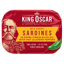Кинг Оскар, Дикая сардина, в оливковом масле первого отжима с острым перцем халапеньо, острое, двухслойное, 106 г (3,75 унции)