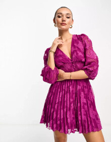 ASOS DESIGN burnout button through shirred waist pleated mini dress in dark purple купить в интернет-магазине