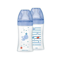 Бутылочки и ниблеры для малышей набор Dodie из 2 бутылочек по 270 мл. Плоская соска, антиколиковый клапан. Рисунок на морскую тему. Синий.
