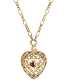 2028 gold-Tone Pink Flower Heart Mirror Pendant Necklace купить онлайн