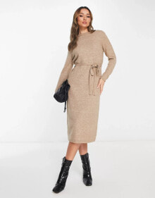 ASOS DESIGN – Midi-Strickkleid in Hellbeige mit Bindegürtel