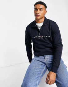 Tommy Hilfiger – Sweatshirt in Marineblau mit aufgesticktem Flaggenlogo und Halbreißverschluss