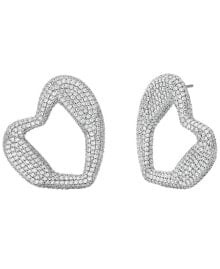 Platinum-Plated Brass Pavé Heart Curb Stud Earrings купить онлайн