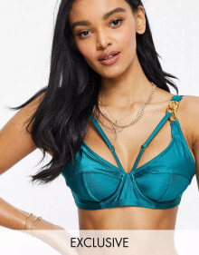 Купить женское нижнее белье и купальники Wolf & Whistle: Wolf & Whistle Exclusive Fuller Bust underwired bikini top with chain detail in green