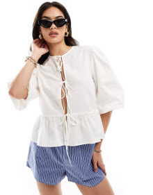 ASOS DESIGN linen blend tie front peplum tie front blouse in ivory купить в интернет-магазине