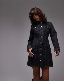 Topshop button through long sleeve mini dress in washed black купить в интернет-магазине