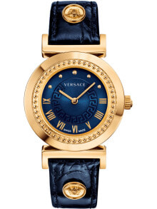 Женские наручные кварцевые часы Versace  кожаный ремешок украшен рельефным изображением.