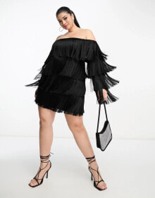 ASOS LUXE Curve bardot fringe mini dress in black купить в интернет-магазине