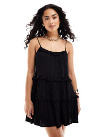 Miss Selfridge beach broderie tie shoulder cover up mini dress in black купить в аутлете